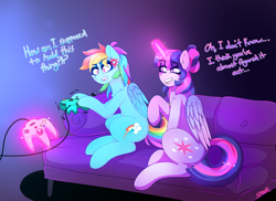 Size: 2964x2160 | Tagged: safe, artist:aaa-its-spook, character:rainbow dash, character:twilight sparkle, character:twilight sparkle (alicorn), species:alicorn, species:pegasus, species:pony, ship:twidash, g4, couch, cross-popping veins, female, gaming, glowing horn, horn, lesbian, magic, mare, nintendo 64 controller, shipping, teasing, telekinesis