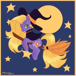 Size: 2000x2000 | Tagged: safe, artist:creeate97, character:abra-ca-dabra, species:pony, g3, broom, clothing, female, flying, flying broomstick, hat, moon, solo, stars, witch hat