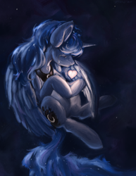 Size: 2550x3300 | Tagged: safe, artist:th3ipodm0n, character:princess luna, species:alicorn, species:pony, g4, covering, crying, eyes closed, female, glow, heart, mare, night, protecting, solo, stars, teary eyes, three quarter view, wing covering, wings