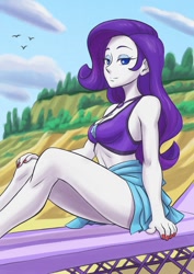 Size: 723x1024 | Tagged: safe, alternate version, artist:brother-tico, edit, editor:thomasfan45, character:rarity, species:human, equestria girls:forgotten friendship, g4, my little pony: equestria girls, my little pony:equestria girls, beach, beach chair, beautiful, bedroom eyes, bikini, breasts, busty rarity, cleavage, clothing, cloud, cute, eyeshadow, female, geode of shielding, legs, lidded eyes, looking at you, magical geodes, makeup, nail polish, outdoors, sand, sarong, schrödinger's pantsu, sexy, sitting, smiling, solo, swimsuit, thighs