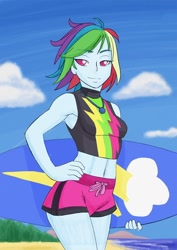 Size: 724x1024 | Tagged: safe, alternate version, artist:brother-tico, edit, editor:thomasfan45, character:rainbow dash, species:human, equestria girls:forgotten friendship, g4, my little pony: equestria girls, my little pony:equestria girls, alternate hairstyle, armpits, beach, bedroom eyes, belly button, clothing, cloud, female, geode of super speed, hand on hip, lidded eyes, looking at you, magical geodes, midriff, ocean, sand, sexy, smiling, solo, surfboard, swimming trunks, swimsuit