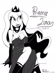 Size: 1536x2048 | Tagged: safe, artist:whitelie, character:princess luna, species:human, g4, black and white, crown, female, grayscale, humanized, jewelry, lipstick, monochrome, regalia, simple background, smiling, solo, text, white background