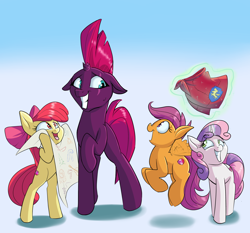 Size: 3000x2800 | Tagged: safe, artist:rocket-lawnchair, character:apple bloom, character:fizzlepop berrytwist, character:scootaloo, character:sweetie belle, character:tempest shadow, species:earth pony, species:pegasus, species:pony, species:unicorn, g4, bow, cape, chart, clothing, cutie mark, cutie mark crusaders, female, filly, floppy ears, flying, gradient background, grin, hair bow, mare, nervous, smiling, the cmc's cutie marks, this will end in tears and/or death and/or covered in tree sap