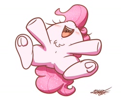 Size: 1150x950 | Tagged: safe, artist:phoenixrk49, character:pinkie pie, species:earth pony, species:pony, g4, arms spread out, chest fluff, frog (hoof), lying down, nose in the air, on back, open mouth, simple background, underhoof, white background