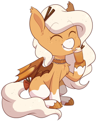 Size: 1944x2440 | Tagged: safe, artist:jetjetj, part of a set, oc, oc only, oc:pumpkin spice, species:bat pony, species:pony, g4, choker, commission, cute, eyes closed, female, mare, simple background, sitting, solo, transparent background, ych result