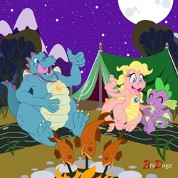 Size: 1280x1280 | Tagged: safe, artist:brodogz, character:spike, species:dragon, g4, camping, campsite, cassie (dragontales), commission, cooking, cute, dead, dragon tales, dragoness, eyes closed, female, fire, fish, male, moon, night, night sky, one eye closed, ord, signature, sky, spikabetes, tent, tongue out, trio, winged spike