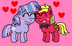 Size: 362x232 | Tagged: safe, artist:drypony198, character:wind sprint, oc, oc:golder glint, g4, blush sticker, blushing, bow tie, canon x oc, cute, female, floating heart, heart, male, pink background, shipping, simple background, straight