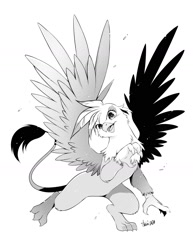 Size: 1224x1584 | Tagged: safe, artist:nekoshiei, character:gilda, species:griffon, g4, female, monochrome, open mouth, simple background, solo, spread wings, white background, wings