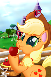 Size: 2486x3729 | Tagged: safe, artist:theretroart88, character:applejack, species:earth pony, species:pony, g4, apple, barn, basket, clothing, cowboy hat, cute, cutie mark, eating, female, food, fruit, hat, herbivore, high res, jackabetes, solo, stetson, sweet apple acres