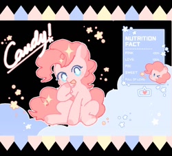 Size: 1054x956 | Tagged: safe, artist:snowillusory, character:pinkie pie, species:earth pony, species:pony, g4, candy, chest fluff, cute, diapinkes, female, food, heart, looking at you, mare, nutrition facts, one eye closed, sitting, solo, stars, wink