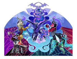 Size: 1300x1000 | Tagged: safe, artist:bunnari, character:discord, character:king sombra, character:lord tirek, character:nightmare moon, character:princess luna, character:queen chrysalis, species:alicorn, species:centaur, species:changeling, species:draconequus, species:pony, species:unicorn, g4, alternate universe, antagonist, bracer, changeling queen, colored hooves, curved horn, female, glowing eyes, horn, male, nose piercing, nose ring, piercing, simple background, stained glass, story included, transparent background