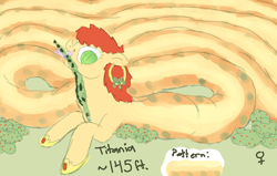 Size: 1116x708 | Tagged: safe, artist:archego-art, oc, oc only, oc:titania, species:lamia, g4, bush, clothing, cragadile, crocodile, ear piercing, earring, eating, fangs, forked tongue, jewelry, macro, original species, piercing, slippers, slit pupils, text
