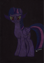 Size: 2051x2924 | Tagged: safe, artist:aracage, character:twilight sparkle, character:twilight sparkle (alicorn), species:alicorn, species:pony, g4, black background, colored pencil drawing, corrupted, corrupted twilight sparkle, dark, dark magic, dark twilight, dark twilight sparkle, darklight, darklight sparkle, evil grin, female, grin, magic, possessed, simple background, smiling, solo, sombra eyes, traditional art