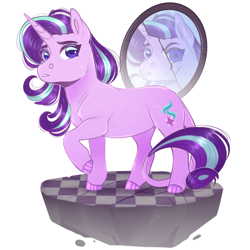 Size: 1080x1080 | Tagged: safe, artist:sadelinav, character:starlight glimmer, species:pony, species:unicorn, g4, broken mirror, duality, evil starlight, female, floating island, looking at you, mare, mirror, raised hoof, simple background, solo, standing, white background