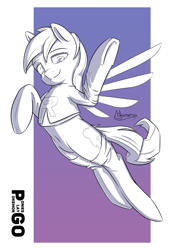 Size: 2480x3496 | Tagged: safe, artist:madgehog, character:rainbow dash, species:pegasus, species:pony, g4, clothing, crossover, dressup, female, grayscale, happy, lineart, looking at you, mare, monochrome, pokémon, socks, stockings, team rocket, thigh highs, underhoof