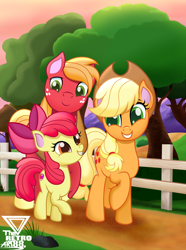 Size: 2600x3496 | Tagged: safe, artist:theretroart88, character:apple bloom, character:applejack, character:big mcintosh, species:earth pony, species:pony, g4, adorabloom, apple siblings, apple sisters, brother and sister, cute, female, fence, filly, freckles, high res, jackabetes, macabetes, male, raised hoof, rock, siblings, sisters, stallion, sunset, tree