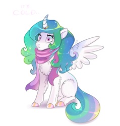 Size: 4000x4200 | Tagged: safe, artist:mylittlegodzilla, character:princess celestia, species:alicorn, species:pony, g4, chest fluff, clothing, colored hooves, cute, cutelestia, female, mare, missing accessory, missing cutie mark, scarf, simple background, sitting, solo, text, white background, wings