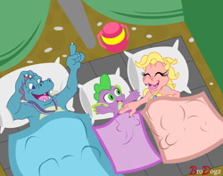 Size: 1280x1014 | Tagged: safe, artist:brodogz, character:spike, species:dragon, g4, baby, baby dragon, camping, cassie (dragontales), crossover, cute, dragon tales, dragoness, female, male, ord, pillow, spikabetes, trio