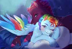 Size: 779x533 | Tagged: safe, artist:bunnari, character:rainbow dash, character:tempest shadow, species:pony, g4, bed, female, lesbian, one eye closed, pillow, shipping, tempestdash, waking up