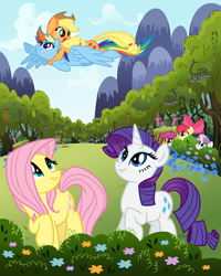 Size: 1200x1500 | Tagged: safe, artist:sketchyjackie, character:apple bloom, character:applejack, character:fluttershy, character:rainbow dash, character:rarity, character:scootaloo, character:sweetie belle, species:pegasus, species:pony, ship:appledash, ship:rarishy, carrying, cutie mark crusaders, female, flying, lesbian, ponies riding ponies, riding, scenery, shipping