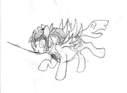 Size: 574x422 | Tagged: safe, artist:wheatley r.h., derpibooru original, oc, oc only, oc:tailcoatl, species:pegasus, species:pony, nation ponies, g4, female, happy, mare, mouth hold, pegasus wings, pencil drawing, ponified, raised hoof, running, smiling, solo, spread wings, stick, traditional art, translated in the description, wings