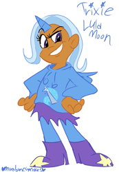 Size: 753x1090 | Tagged: safe, artist:mirabuncupcakes15, character:trixie, species:human, g4, boots, clothing, dark skin, female, grin, high heel boots, hoodie, horn, horned humanization, humanized, pants, raised eyebrow, shoes, simple background, skirt, smiling, smug, solo, white background
