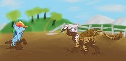 Size: 1280x625 | Tagged: safe, artist:pzkratzer, character:gilda, character:rainbow dash, species:griffon, species:pegasus, species:pony, g4, butt, cute, gildadorable, messy, mountain, mud, mud bath, mud fight, mud play, muddy, one eye closed, plot, wet and messy