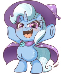 Size: 950x1150 | Tagged: safe, artist:phoenixrk49, character:trixie, species:pony, species:unicorn, g4, cape, chibi, clothing, cute, hat, miniponi, open mouth, simple background, trixie's cape, trixie's hat, weapons-grade cute, white background