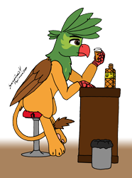 Size: 6044x8106 | Tagged: safe, artist:summerium, oc, oc only, oc:kalimu, species:griffon, g4, alcohol, bottle, counter, glass, male, sierra nevada, simple background, stool, transparent background, trash can, whiskey