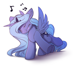 Size: 2792x2665 | Tagged: safe, artist:hitbass, character:princess luna, species:alicorn, species:pony, g4, cute, dancing, eyes closed, female, frog (hoof), high res, lunabetes, mare, music notes, raised hoof, s1 luna, simple background, solo, underhoof, white background