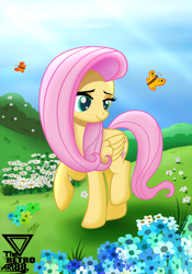 Size: 2400x3428 | Tagged: safe, artist:theretroart88, character:fluttershy, species:pegasus, species:pony, g4, butterfly, crepuscular rays, cute, female, flower, flower field, folded wings, grass, head turn, looking at something, mare, outdoors, raised hoof, raised leg, shyabetes, smiling, solo, walking, wings