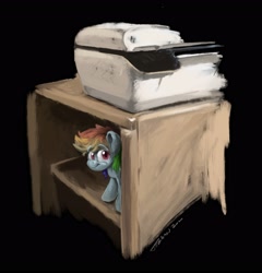 Size: 3230x3367 | Tagged: safe, artist:th3ipodm0n, character:rainbow dash, species:pony, g4, black background, female, looking at you, mare, printer, shelf, simple background, smiling, solo