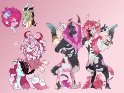 Size: 1280x960 | Tagged: safe, artist:bunnari, character:discord, character:pinkie pie, oc, oc:carnivalicious dionysus wonderland, oc:festivalus bacchus dreamland, oc:harlequin saccharine comedy, parent:discord, parent:pinkie pie, parents:discopie, species:draconequus, species:earth pony, species:pony, ship:discopie, g4, bow tie, bust, clothing, cloven hooves, female, fraternal twins, gradient background, hat, horns, interspecies offspring, male, offspring, rearing, shipping, straight, tongue out, top hat, twins