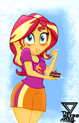 Size: 1990x3084 | Tagged: safe, artist:theretroart88, character:sunset shimmer, species:eqg human, g4, my little pony:equestria girls, blushing, breasts, cake, caught, clothing, cute, dessert, eating, female, food, high res, messy eating, plate, shimmerbetes, shirt, skirt, solo, spoon