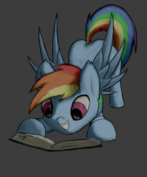 Size: 2000x2400 | Tagged: safe, artist:tunrae, character:rainbow dash, species:pegasus, species:pony, g4, book, cute, dashabetes, excited, female, reading, simple background, smiling, solo, spread wings, tail, wings