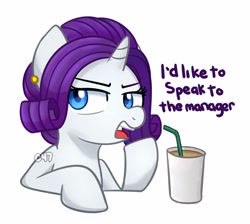 Size: 3758x3370 | Tagged: safe, artist:handgunboi, character:rarity, species:pony, species:unicorn, g4, coffee, coffee cup, cup, ear piercing, earring, jewelry, karen, piercing, simple background, straw, white background