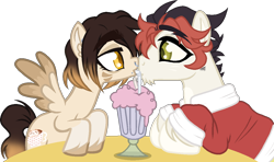Size: 1152x682 | Tagged: safe, artist:quartziie, artist:sweethearttarot, base used, oc, oc only, oc:mocha slumber, oc:scheming smile, species:earth pony, species:pegasus, species:pony, g4, earth pony oc, looking at each other, nose piercing, nose ring, pegasus oc, piercing, sharing a drink, simple background, transparent background, two toned wings, wings