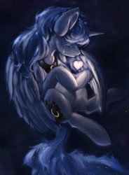 Size: 2240x3038 | Tagged: safe, artist:th3ipodm0n, character:princess luna, species:alicorn, species:pony, g4, covering, crying, eyes closed, female, glow, heart, mare, night, protecting, solo, stars, teary eyes, three quarter view, wing covering, wings