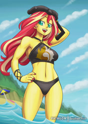Size: 1116x1579 | Tagged: safe, artist:brother-tico, character:sunset shimmer, equestria girls:forgotten friendship, g4, my little pony: equestria girls, my little pony:equestria girls, arm behind head, belly button, bikini, bikini babe, breasts, busty sunset shimmer, clothing, female, nail polish, open mouth, palindrome get, snorkel, sunglasses, swimsuit