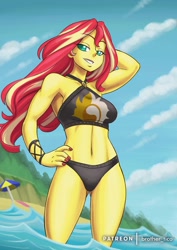 Size: 724x1024 | Tagged: safe, alternate version, artist:brother-tico, edit, editor:thomasfan45, character:sunset shimmer, species:human, equestria girls:forgotten friendship, g4, my little pony: equestria girls, my little pony:equestria girls, arm behind head, beach, beautiful, bedroom eyes, belly button, bikini, breasts, busty sunset shimmer, clothing, cute, cutie mark, cutie mark on clothes, female, hand on hip, legs, lidded eyes, looking at you, midriff, nail polish, ocean, pose, sand, sexy, shimmerbetes, smiling, solo, swimsuit, umbrella