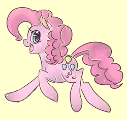 Size: 621x584 | Tagged: safe, artist:coffeechicken, character:pinkie pie, species:earth pony, species:pony, cute, diapinkes, female, mare, open mouth, profile, simple background, solo, yellow background