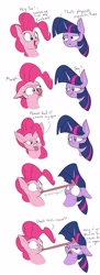 Size: 1280x3520 | Tagged: safe, artist:rocket-lawnchair, character:pinkie pie, character:twilight sparkle, species:earth pony, species:pony, species:unicorn, g4, caption, comic, horn, horn licking, hornjob, licking, long tongue, tongue out