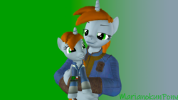 Size: 1920x1080 | Tagged: safe, artist:marianokun, oc, oc:littlepip, species:anthro, species:pony, species:unicorn, fallout equestria, g4, 3d, anthro oc, anthro ponidox, anthro with ponies, clothing, gray background, green background, holding a pony, looking at each other, pipbuck, simple background, source filmmaker, vault suit