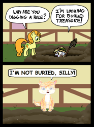 Size: 600x810 | Tagged: safe, artist:ewxep, artist:zicygomar, character:carrot top, character:derpy hooves, character:golden harvest, species:earth pony, species:pegasus, species:pony, g4, alternate storyline, background pony, carrot top is not amused, cat, clothing, comic, digging, duo, female, hat, hole, mare, pun, shovel, treasure (palace pets), unamused