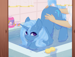 Size: 2571x1950 | Tagged: safe, artist:evlass, character:trixie, species:human, species:pony, species:unicorn, fanfic:первопроходец, g4, bathing, face down ass up, faceless male, fanfic art, female, looking at you, male, mare, offscreen character, suggestive source, water