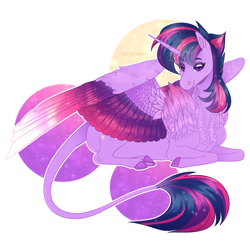 Size: 1024x1024 | Tagged: safe, artist:sadelinav, character:twilight sparkle, character:twilight sparkle (alicorn), species:alicorn, species:pony, g4, alternate hairstyle, colored wings, colored wingtips, female, lying down, multicolored wings, prone, punklight sparkle, solo, wings