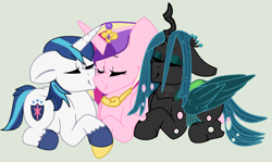 Size: 1712x1017 | Tagged: safe, artist:jadethepegasus, artist:quillwithnochill, base used, character:princess cadance, character:queen chrysalis, character:shining armor, species:alicorn, species:changeling, species:pony, species:unicorn, ship:cadalis, ship:chrysarmordance, ship:shining chrysalis, ship:shiningcadance, g4, bisexual, blushing, crown, eyes closed, eyeshadow, female, gray background, jewelry, kiss on the cheek, kiss sandwich, kissing, lesbian, makeup, male, mare, ot3, polyamory, regalia, shipping, simple background, stallion, straight, unshorn fetlocks