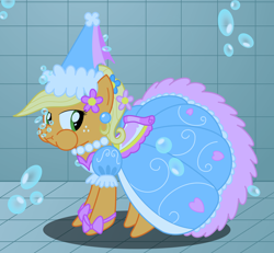Size: 2700x2500 | Tagged: safe, artist:bladedragoon7575, character:applejack, species:earth pony, species:pony, episode:look before you sleep, g4, my little pony: friendship is magic, bubble, clothing, dress, female, froufrou glittery lacy outfit, hennin, holding breath, puffy cheeks, solo, swimming pool, underwater
