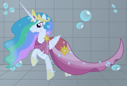 Size: 3350x2250 | Tagged: safe, artist:bladedragoon7575, character:princess celestia, species:alicorn, species:pony, g4, bubble, clothing, crown, dress, female, gala dress, holding breath, hoof shoes, jewelry, mare, puffy cheeks, regalia, solo, swimming pool, underwater