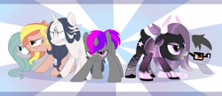 Size: 2560x1120 | Tagged: safe, artist:djkaskan, oc, oc only, oc:silver bristle, species:earth pony, species:pony, species:unicorn, g4, female, fighting stance, glasses, male, mare, simple background, stallion, stompy slippers, third eye, unusual unicorn